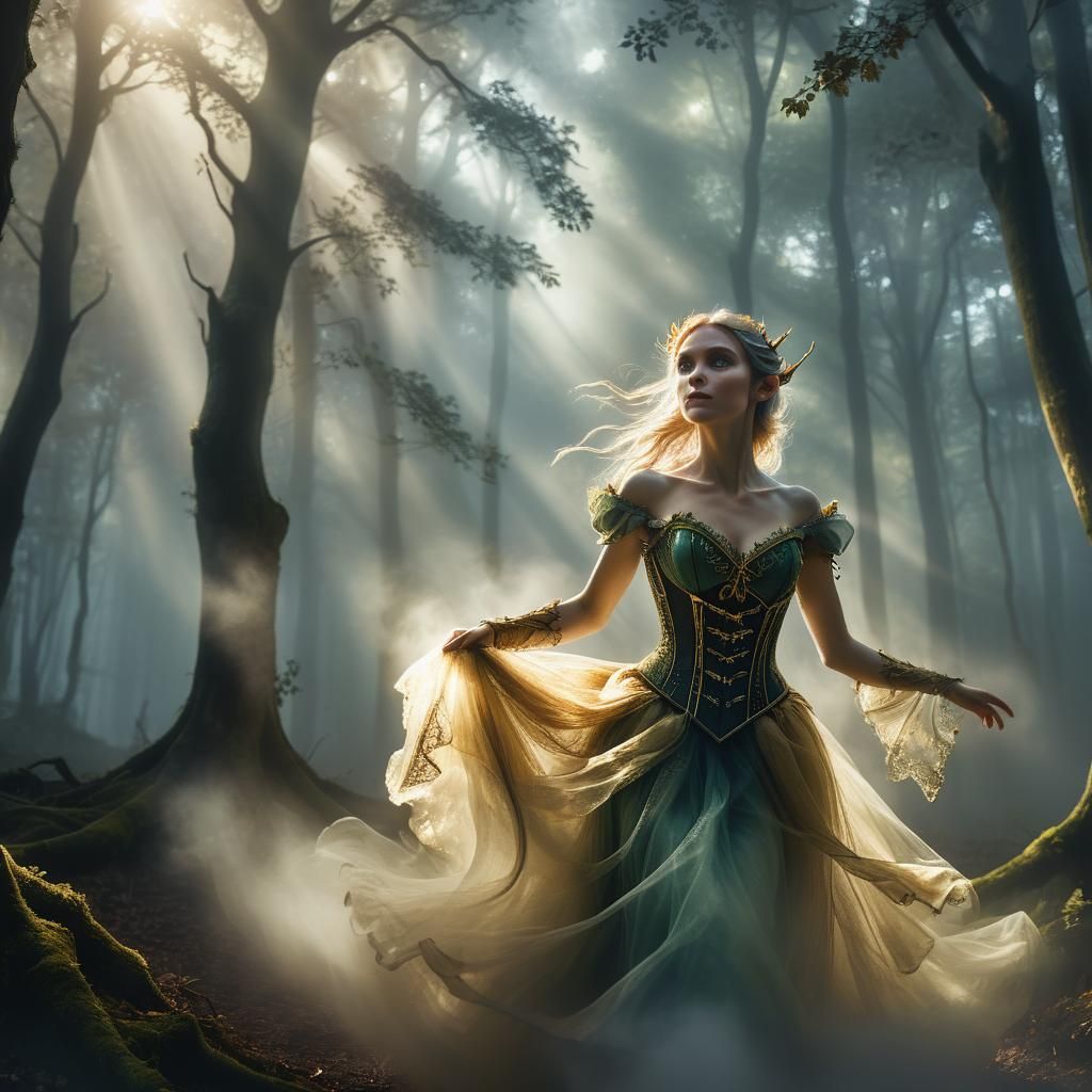 Ethereal Elf Flight Through Misty Woods