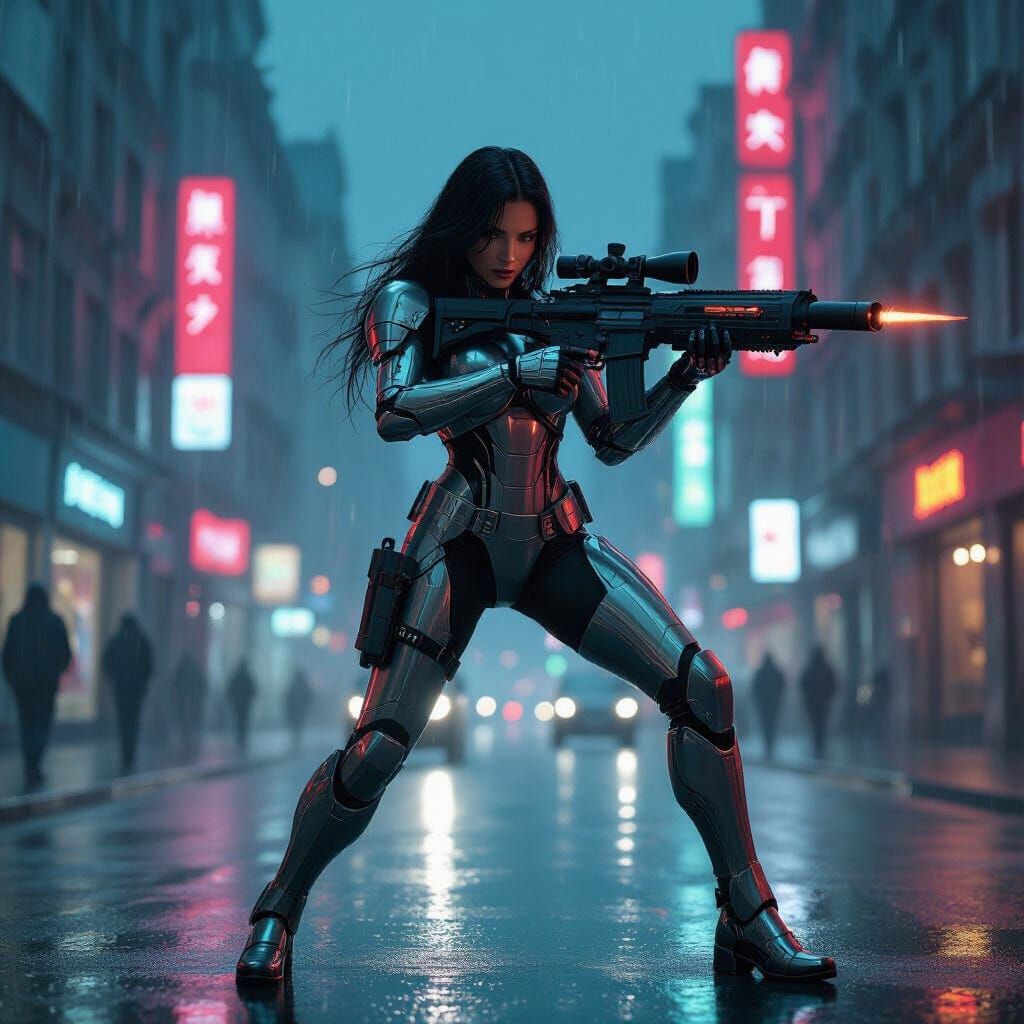 Armored Woman with Rocket Launcher in Cyberpunk London