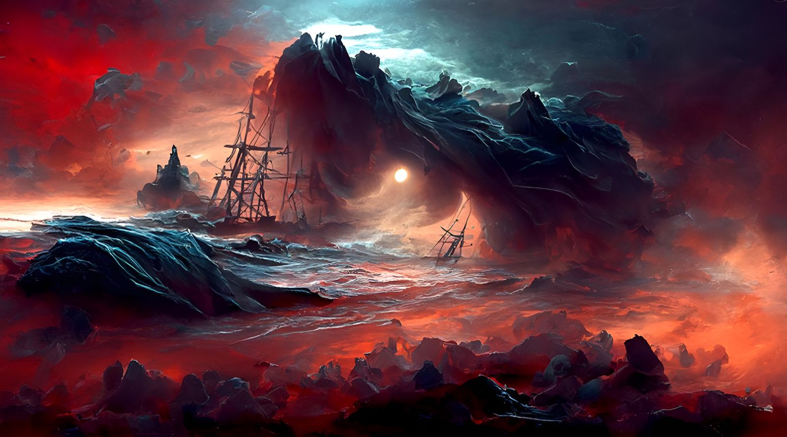Ghost Ship Sailing Through Luminous Clouds