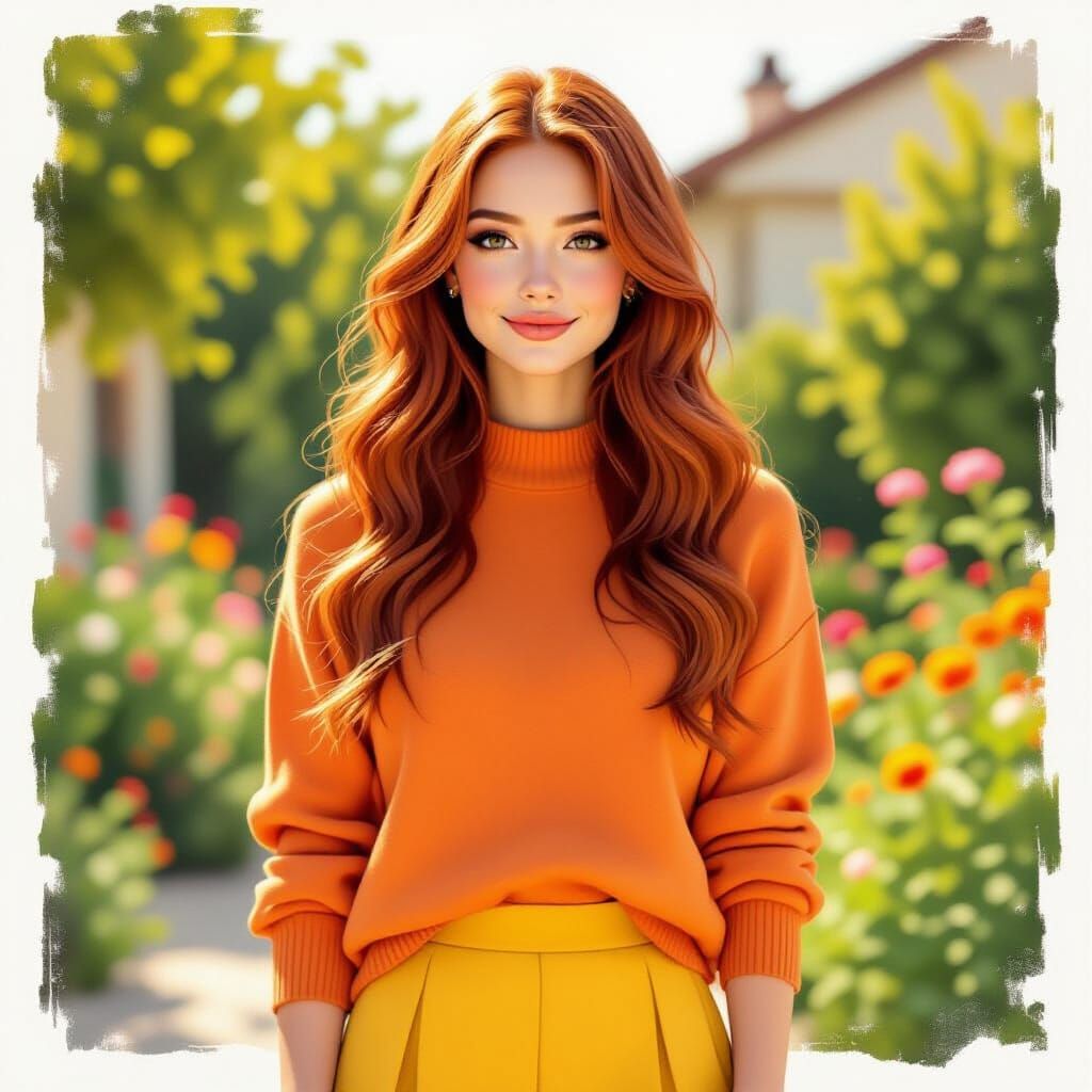 Woman in Garden with Red Hair and Pastel Outfit