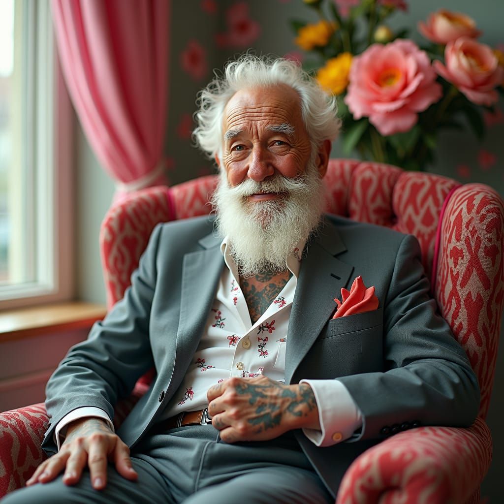 Tattooed Grandfather Portrait in Pop Art Style