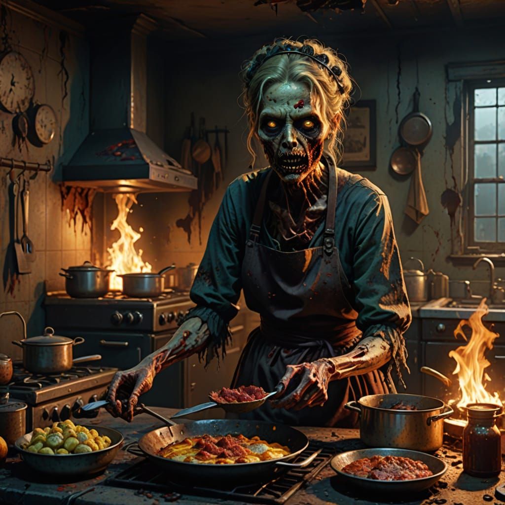 Zombie Princess in a Gory Kitchen Scene in Hyper-Realistic S...