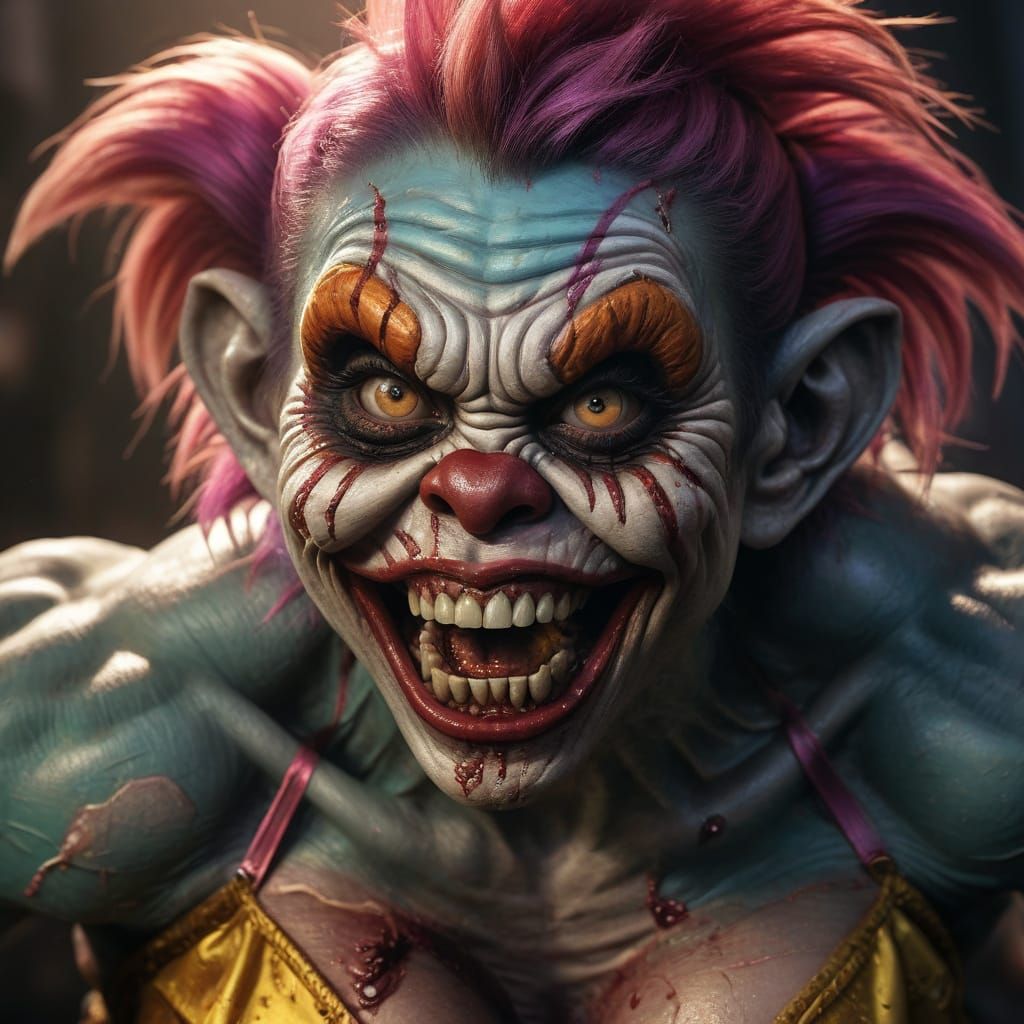 Zombie Monkey Clown Bodybuilder in Vibrant Oil Painting Styl...