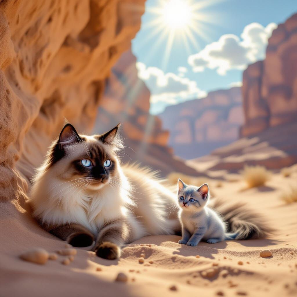 Siamese Cat and Kitten in Desert Canyon