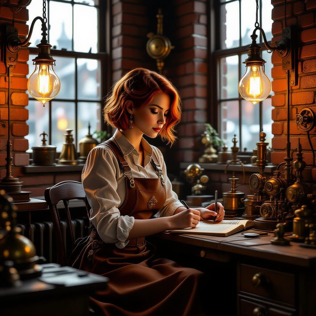 Steampunk Woman Working in Detailed Workshop