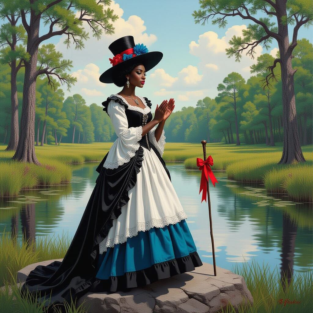 Voodoo Queen in Serene Meadow, Expressive Brushstrokes