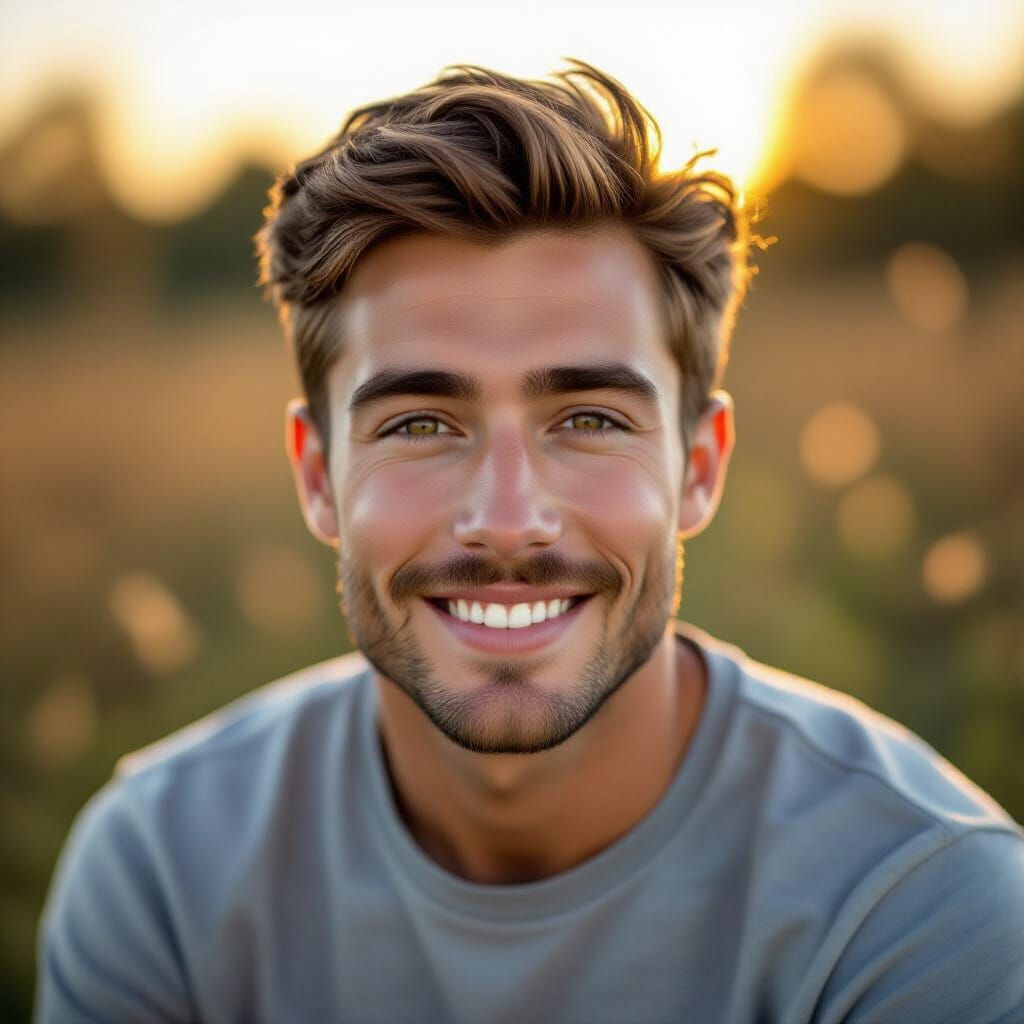 Photorealistic Portrait of a Handsome Young Man at Golden Ho...