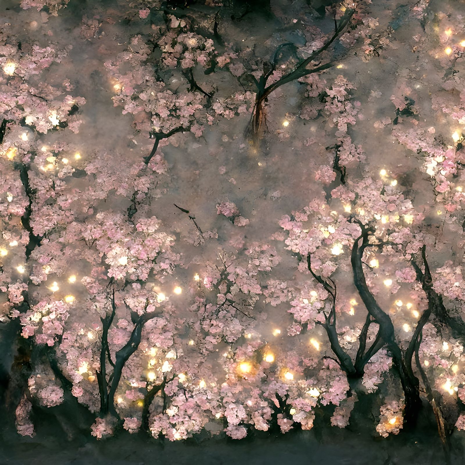 Enchanted Filigree Cherry Blossoms with Fireflies