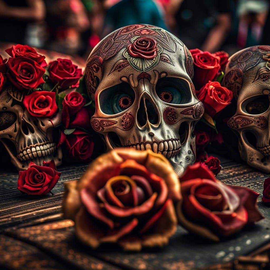 HDR Photo of Skulls and Roses for Mexican Festival