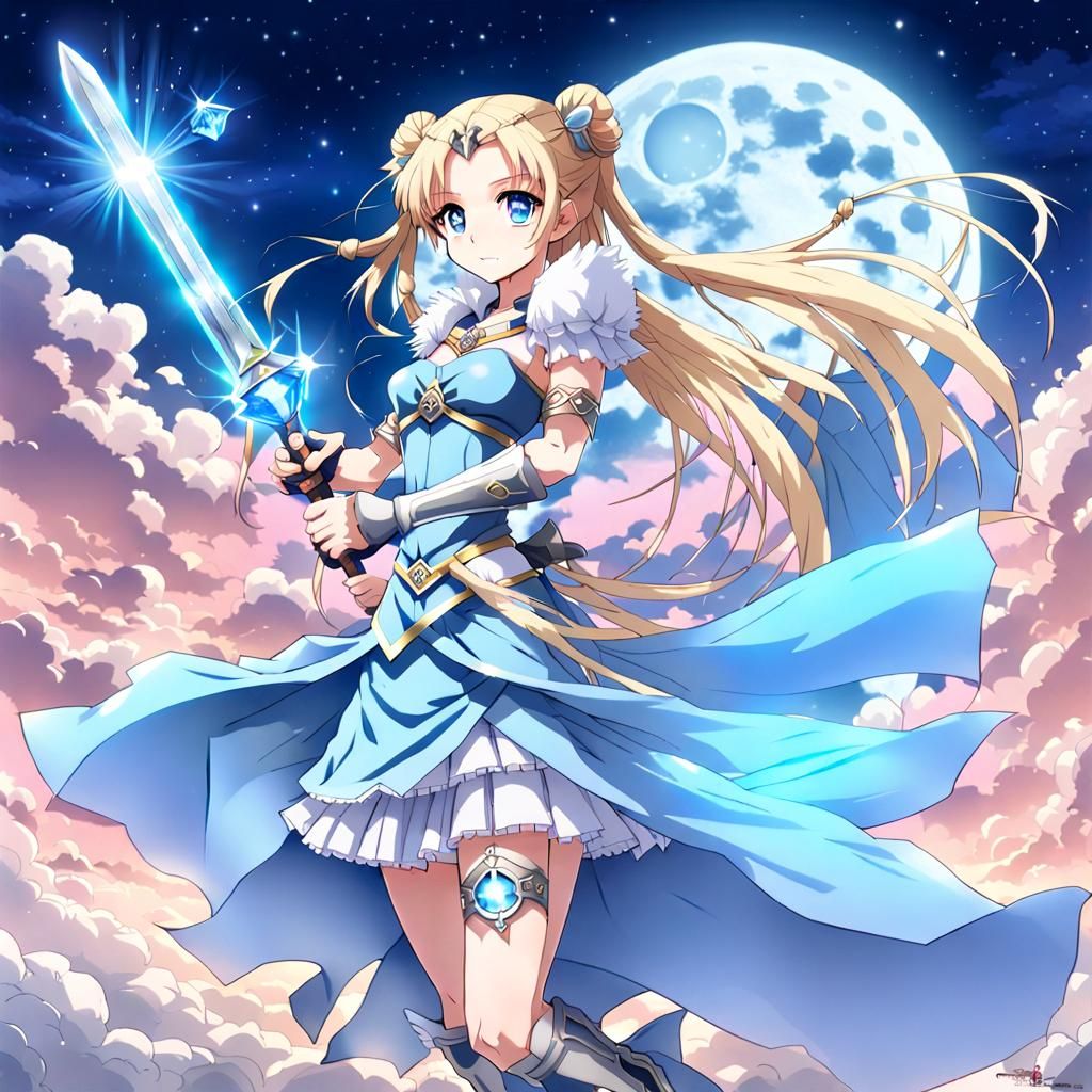 Anime Female Warrior with Crystal Sword and Fairy Armor