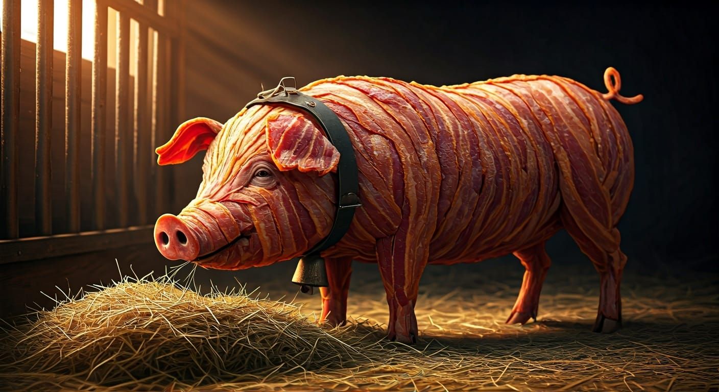 Bacon Pig Eats Hay in Hyperrealistic Barn
