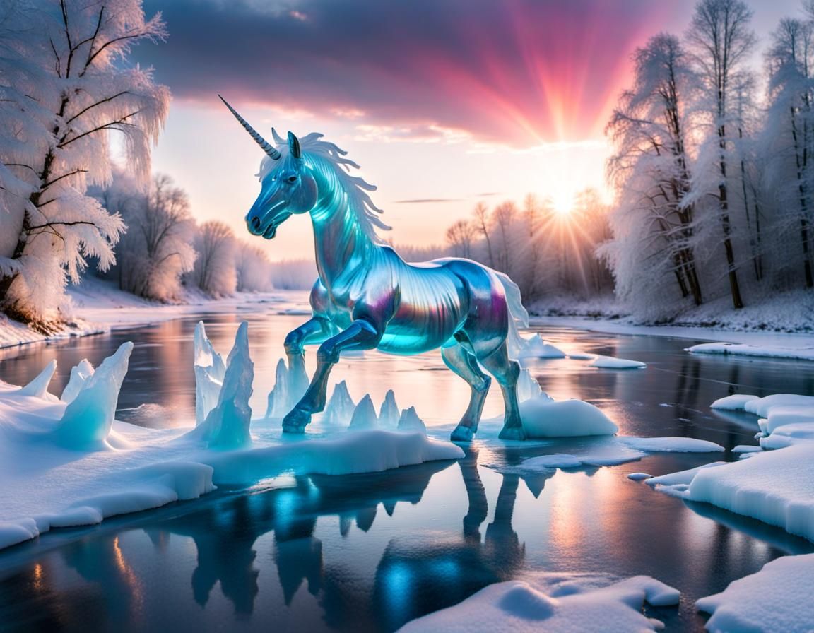 Frozen River Transforms to Ice Unicorn Sculpture