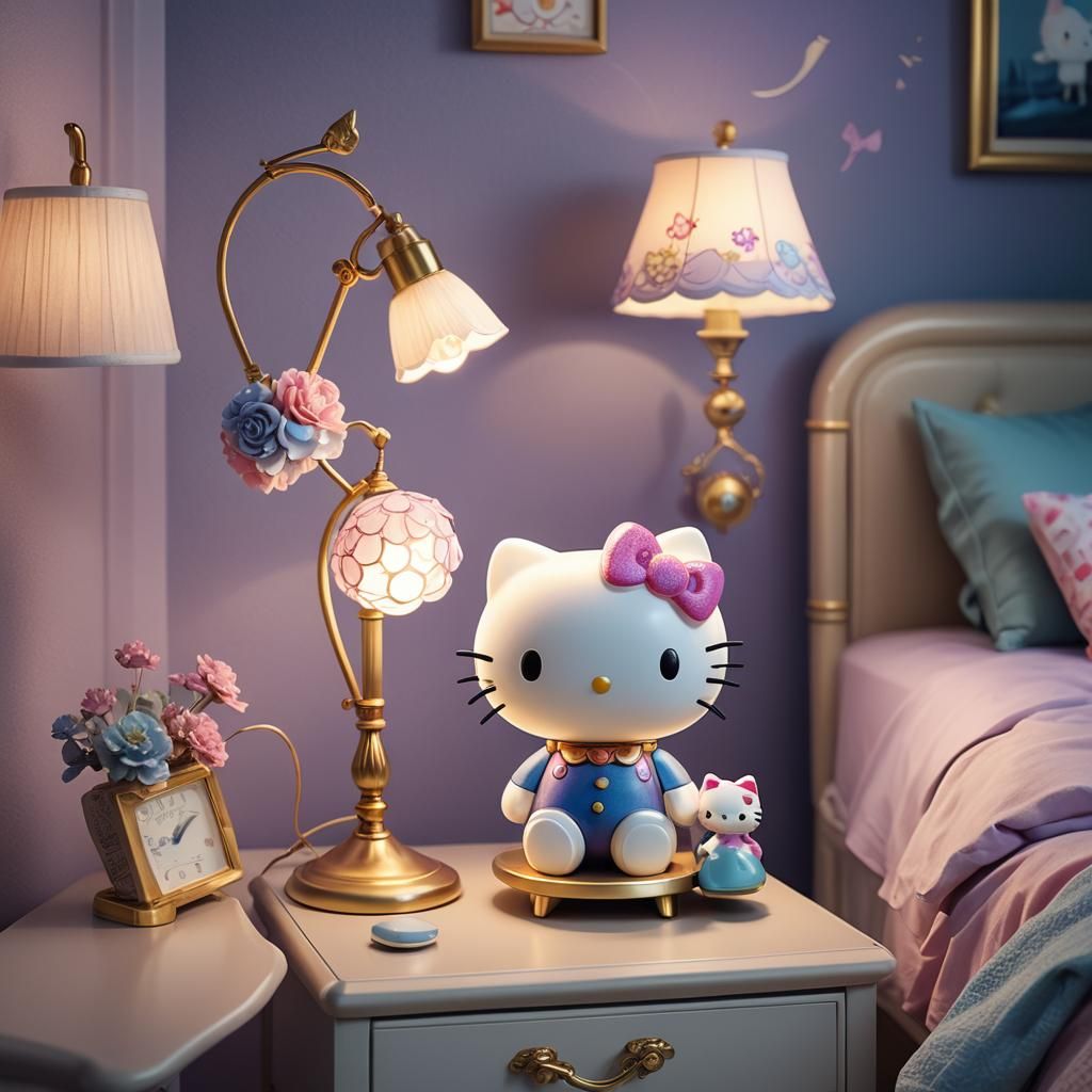 Hello Kitty Lamp in Cozy Bedroom, Fantasy Concept Art