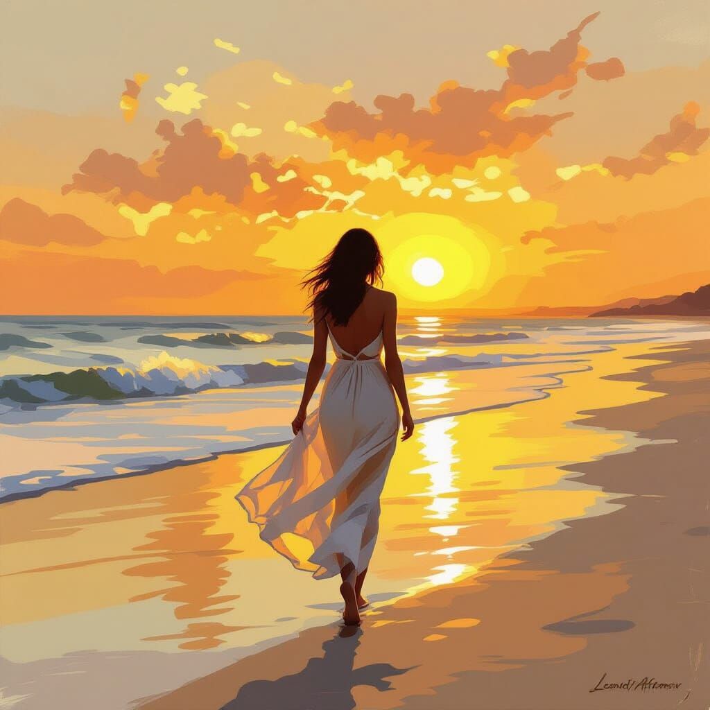 Woman on Beach at Sunset in Impressionist Style