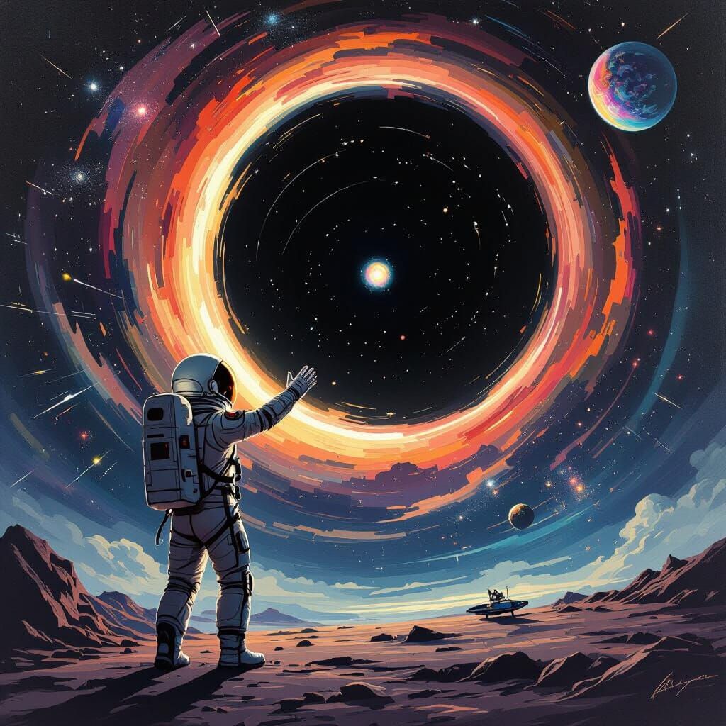 Astronaut Reaches for Planet Near Black Hole in Surreal Styl...