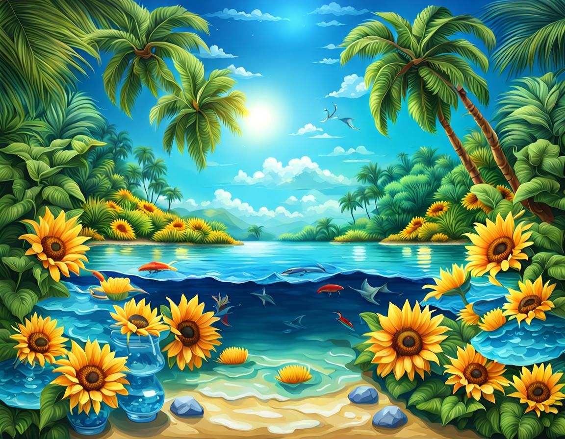 Realistic Tropical Paradise with Palms and Sunflowers