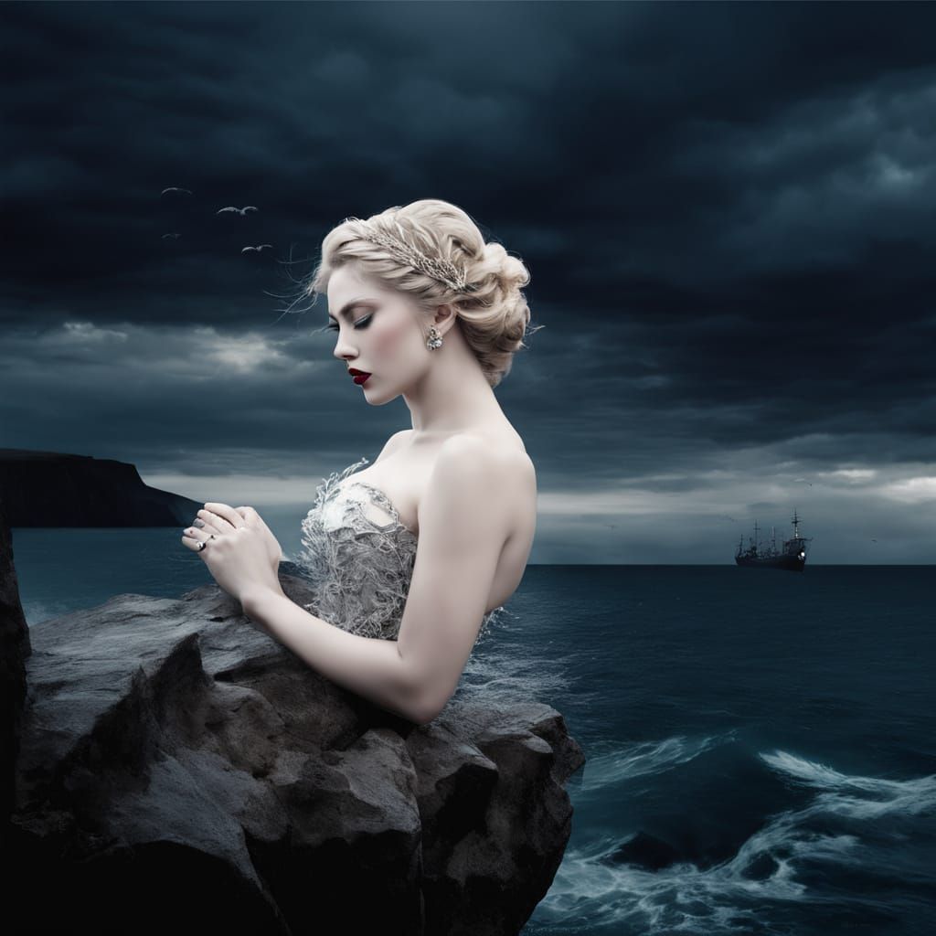 Siren's Song on a Cliffside, Hyperrealistic Photo