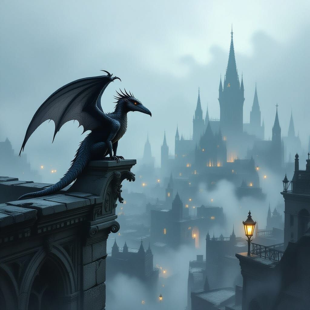 Pterodactyl Over Foggy Gothic Cityscape in Dark Fantasy Styl...