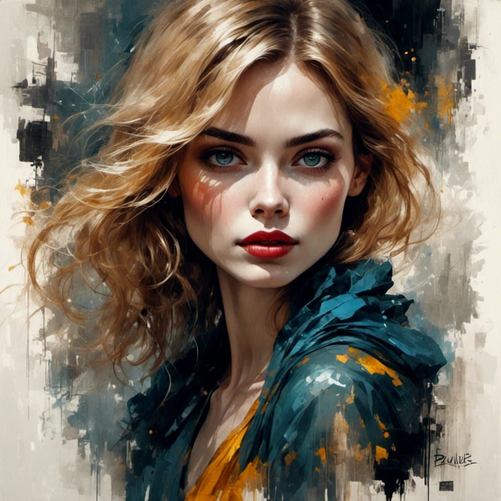 Whimsical Woman in Pointillism Ink Painting Style