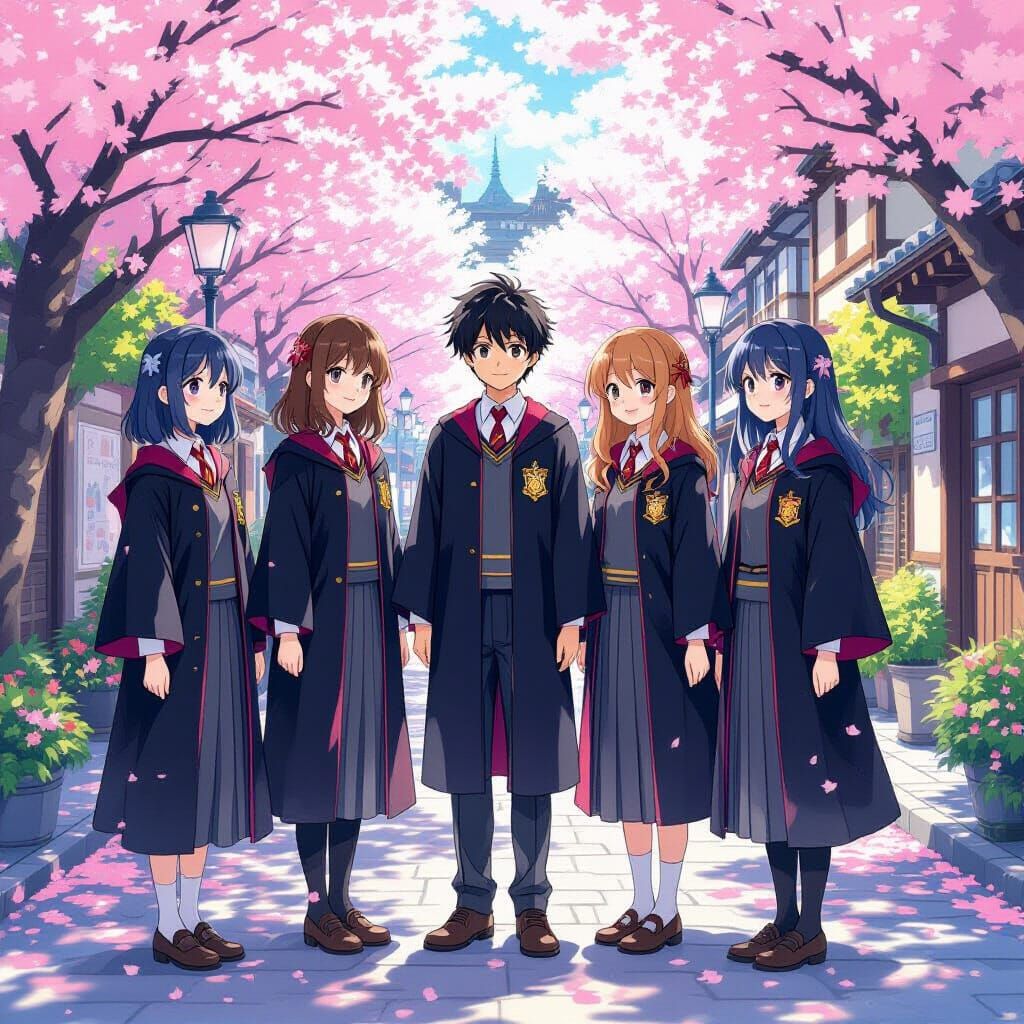 Japanese Students in Hogwarts Uniforms: Anime Style