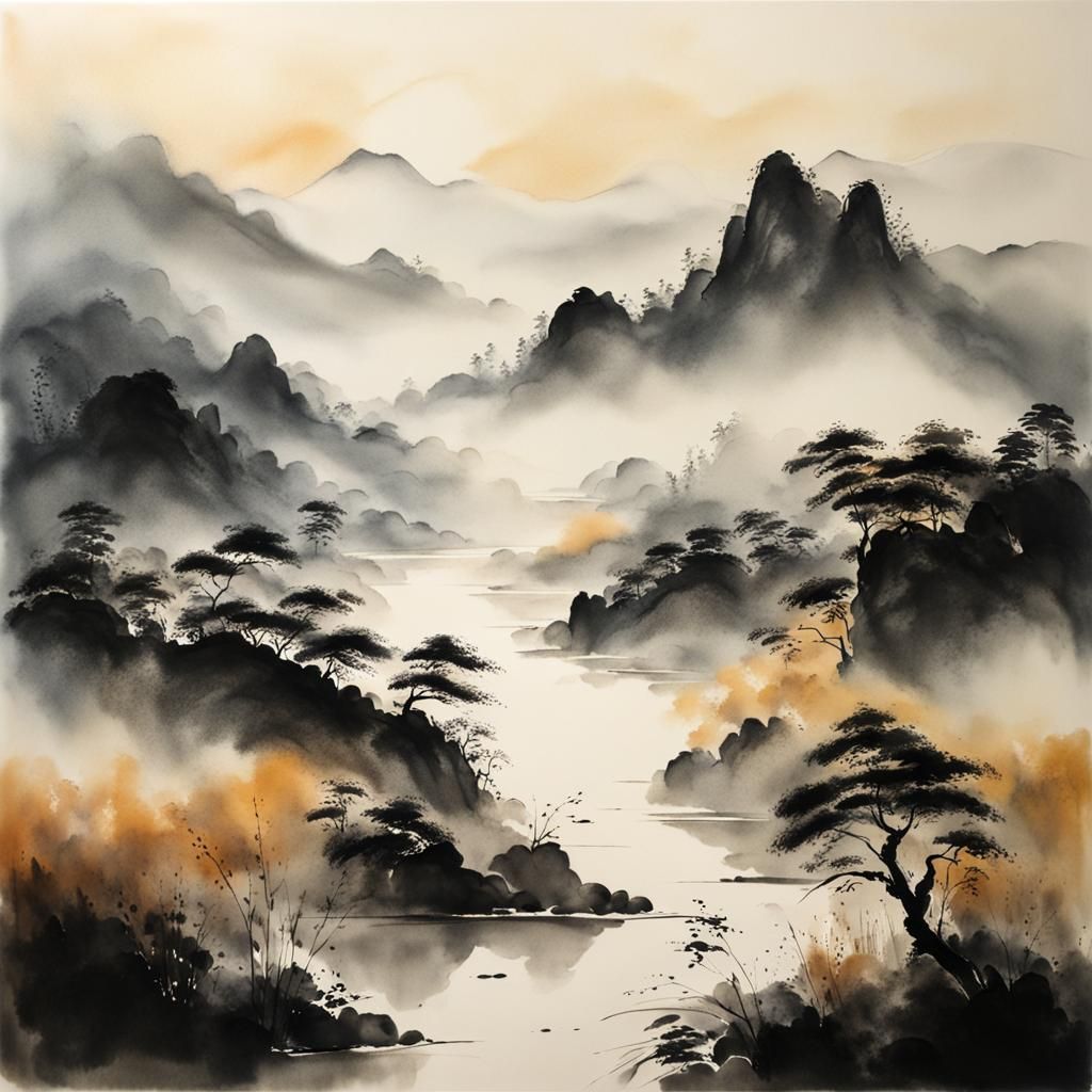 Misty Hills: A Chinese Ink Painting Landscape
