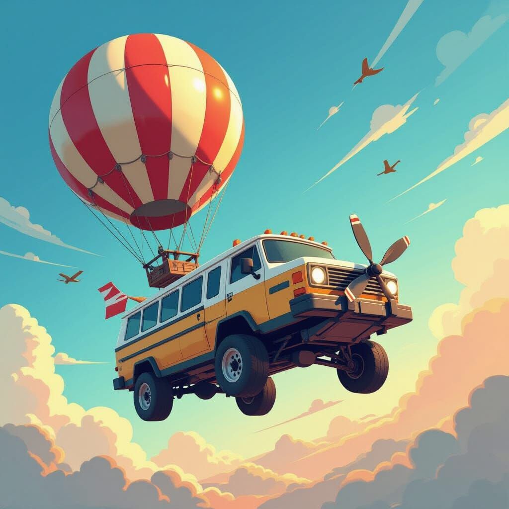 Fortnite Battle Bus Soaring Through Vibrant Sky