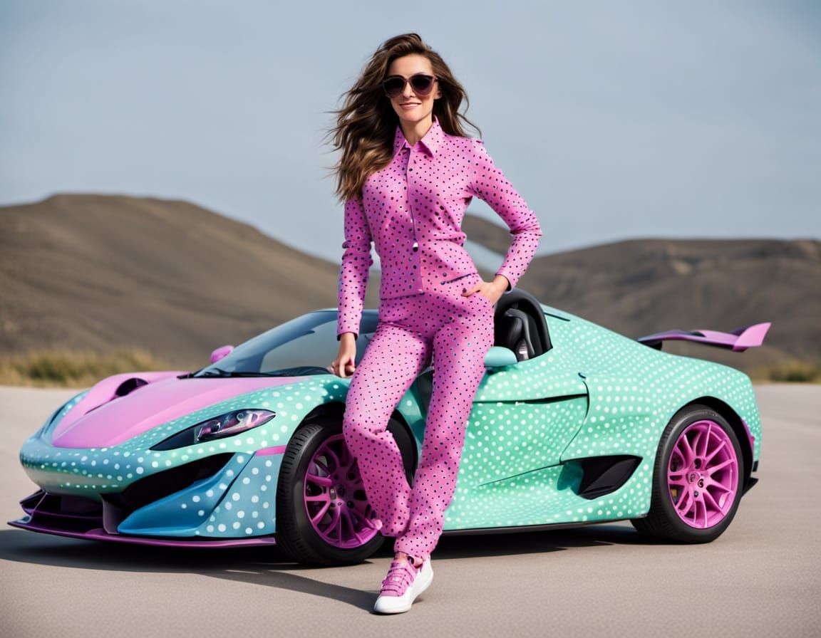 Polka Dot Woman Driving Matching Sports Car