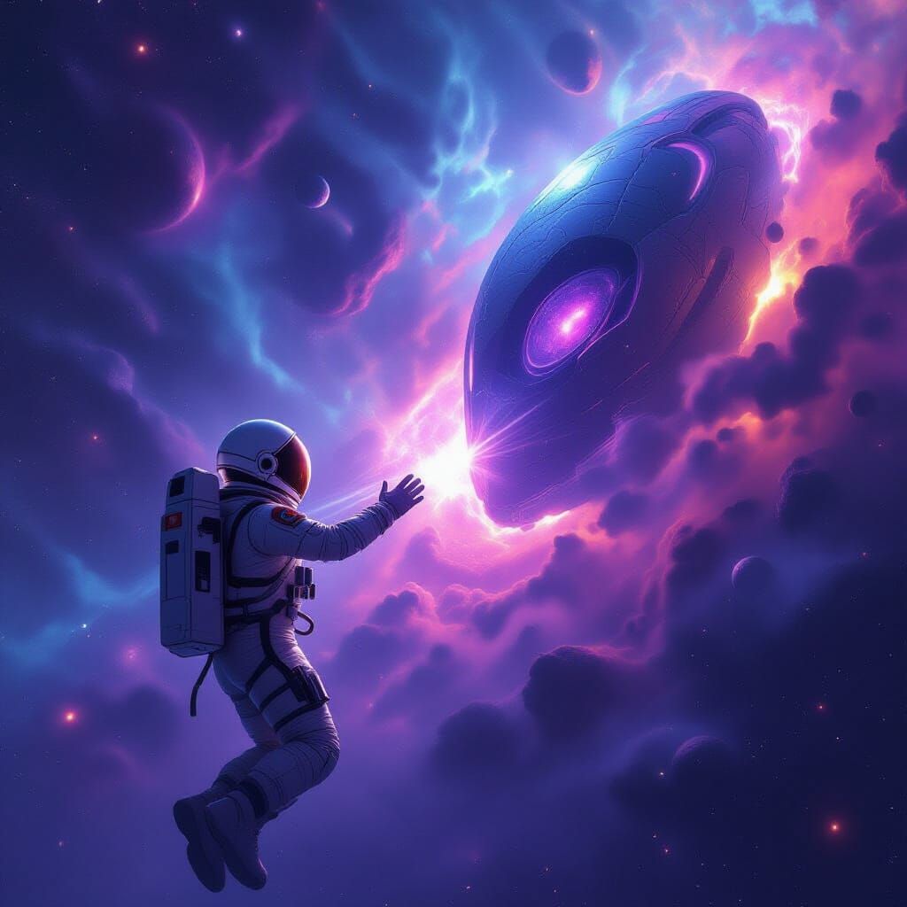 Astronaut Reaches for Alien Artifact in Cosmic Nebula