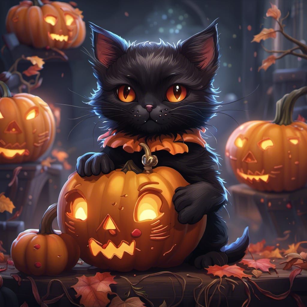 Kawaii Black Cat and Pumpkin Illustration