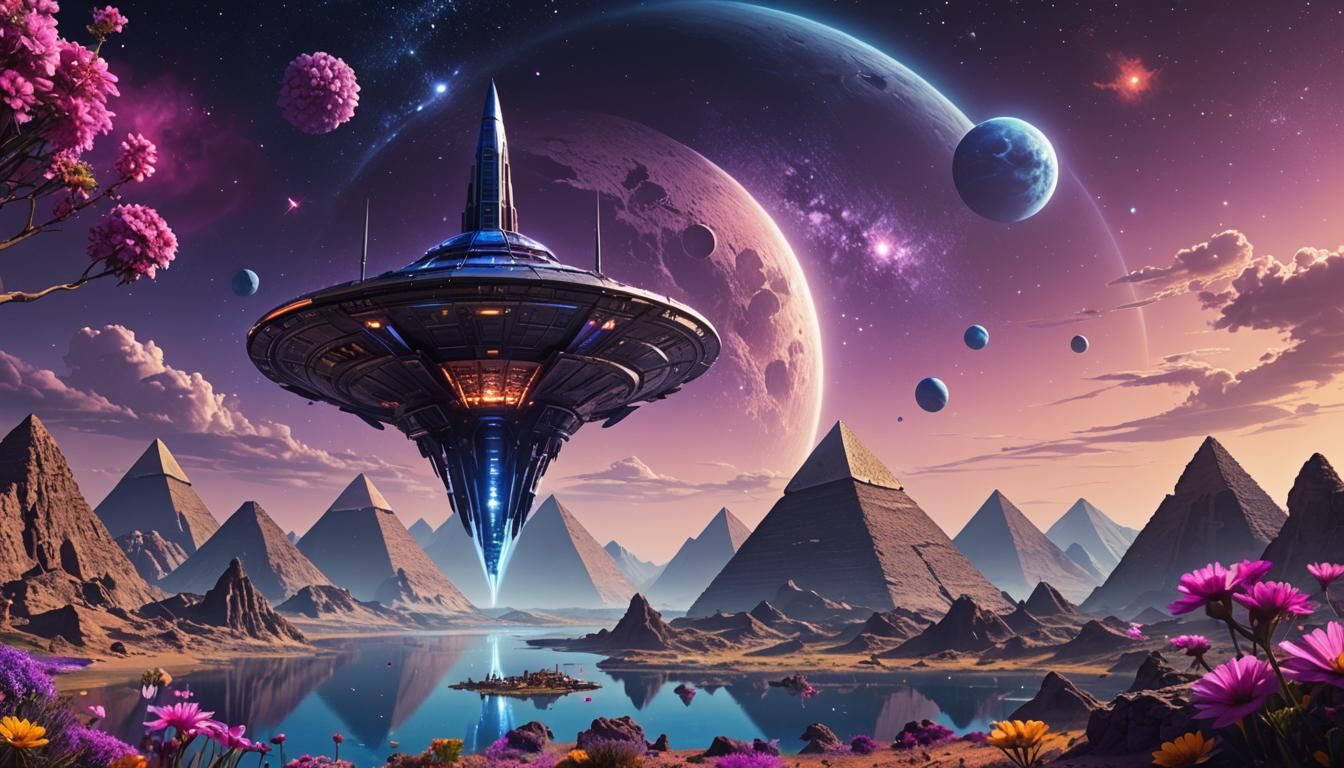 Luxurious Rocket over Alien Planet in Digital Painting