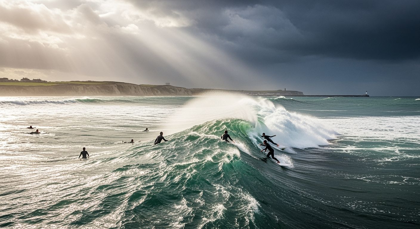 Isle of Thanet Under Dramatic Skies with Surfers