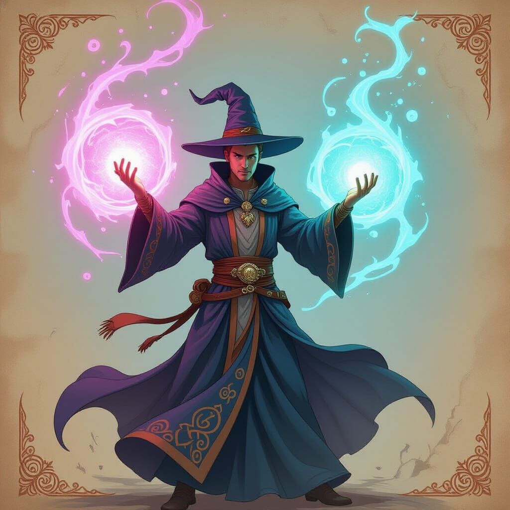 Sorcerer Unleashing Arcane Magic in Vibrant Fantasy Illustra...