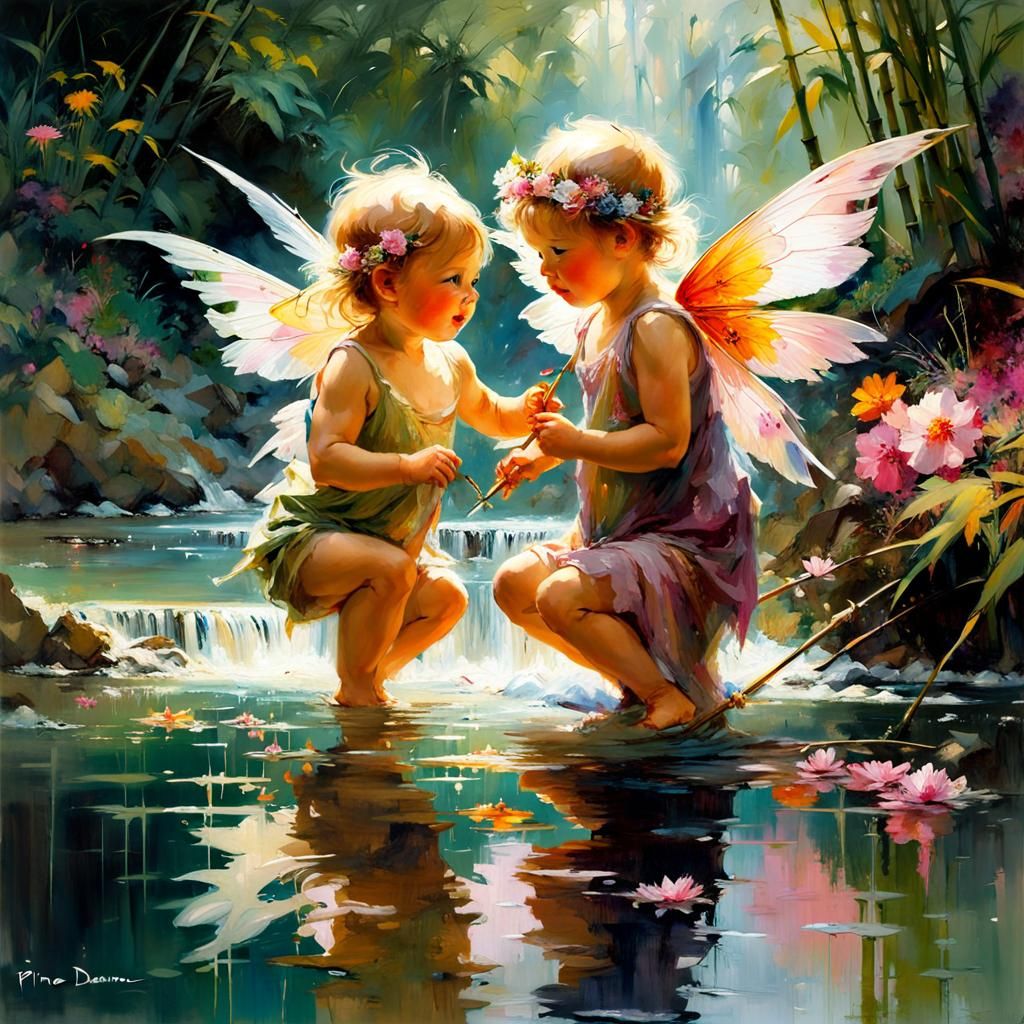 Adorable Fairy Toddlers Playing by Waterfall
