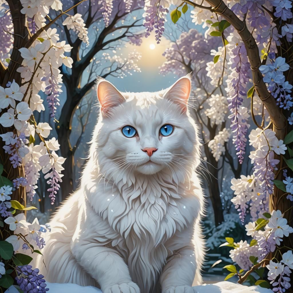 Crystalline Cat with Wisteria, Art Nouveau Style