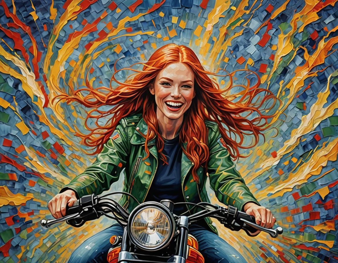 Redhead Girl on Motorcycle as Impasto Painting