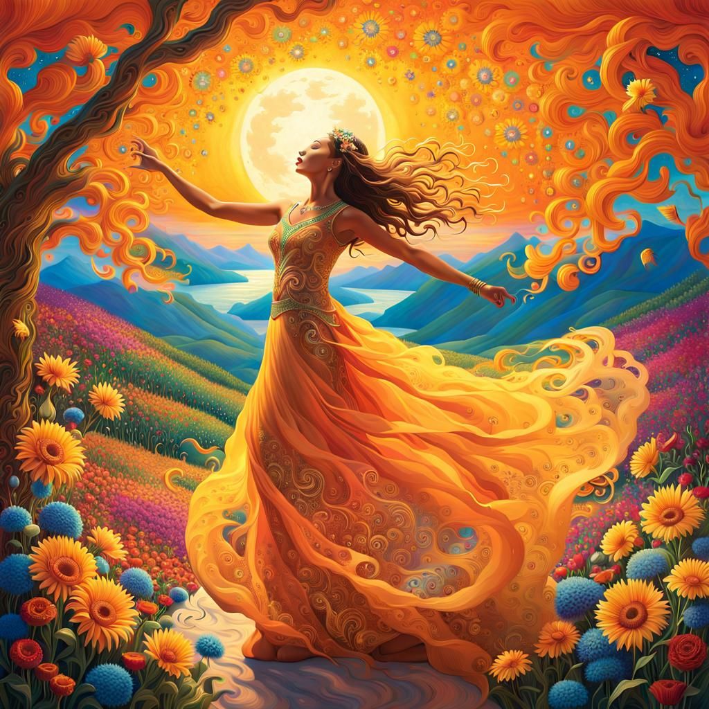 Woman Dancing Among Sun and Moon Flowers