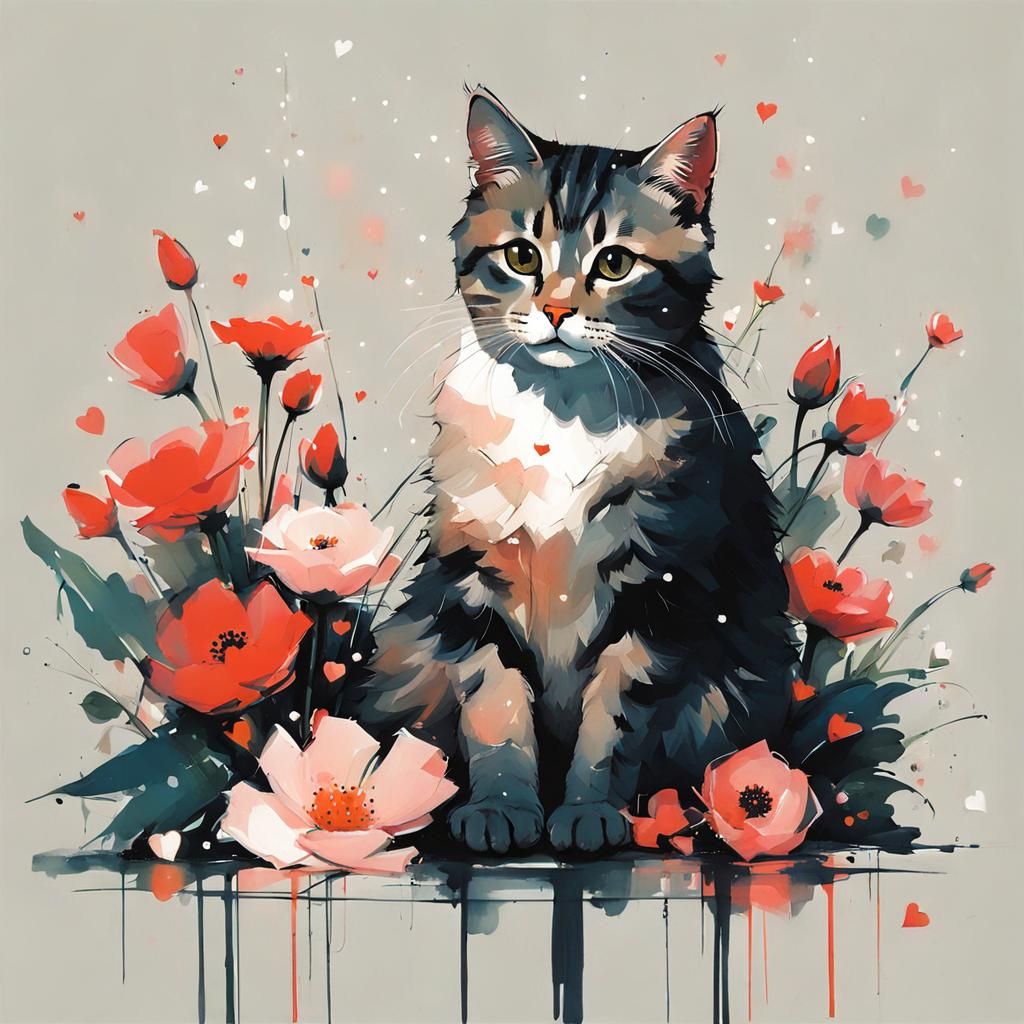 Cat on Pillow with Heart Lights, Gritty Digital Art