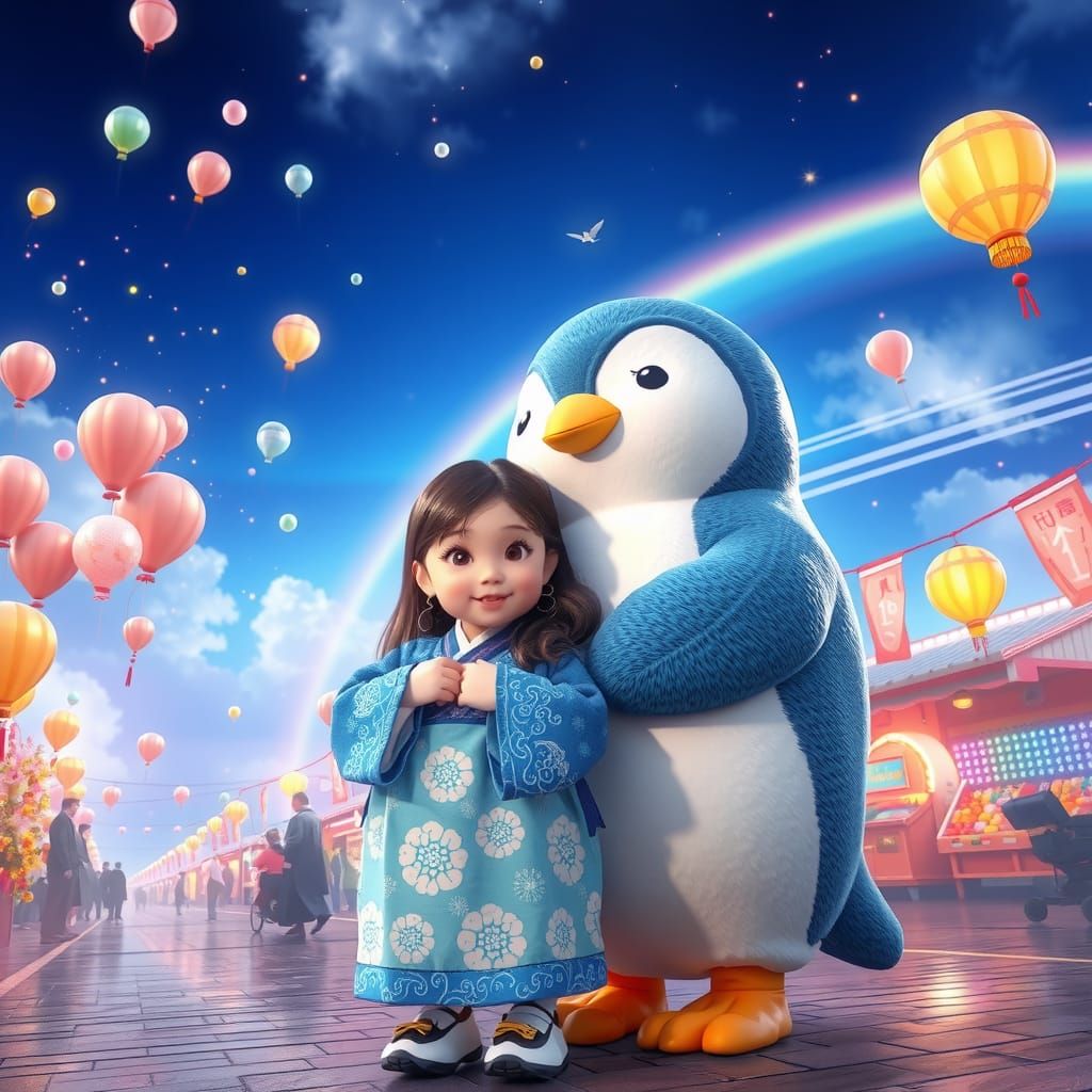 Korean Girl and Penguin Mascot at Festival