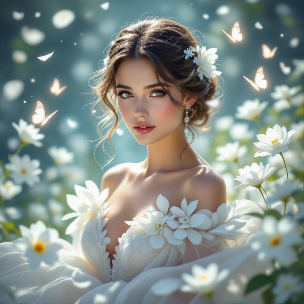 Ethereal Woman in Petal Gown with Glowing Butterflies