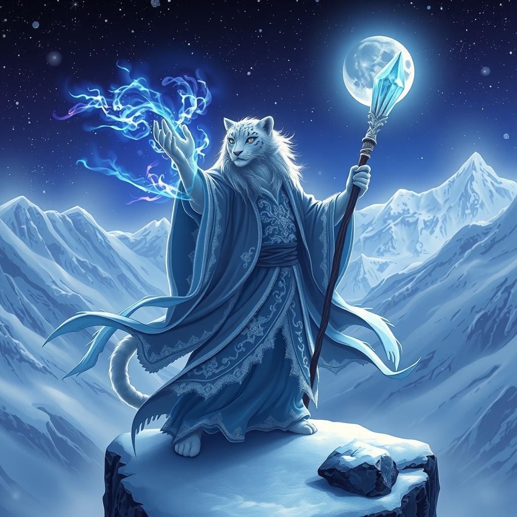 A majestic snow leopard sorcerer with long silver hair and piercing, glowing eyes stands on the edge of a snowy cliff, h...