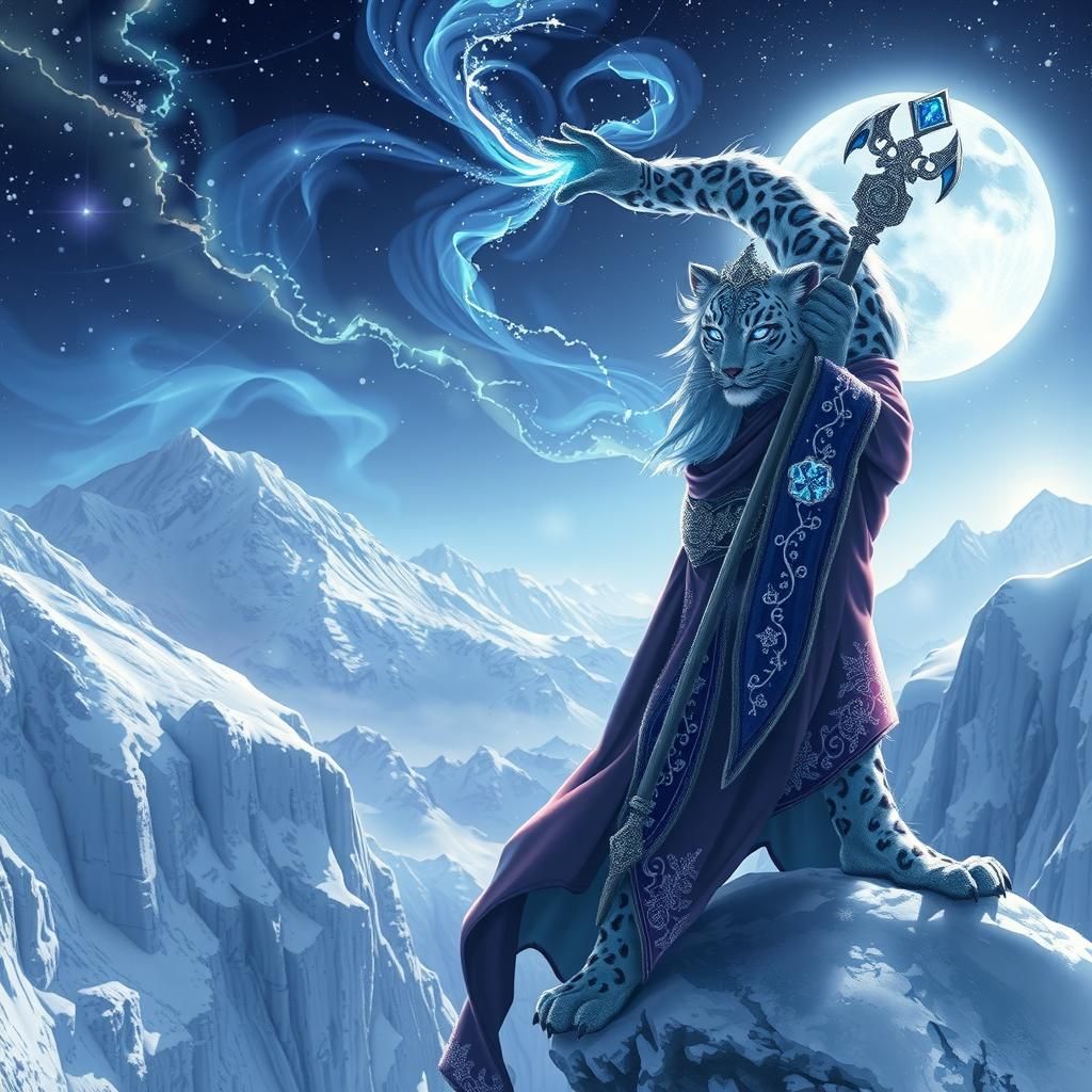 A majestic snow leopard sorcerer with long silver hair and piercing, glowing eyes stands on the edge of a snowy cliff, h...