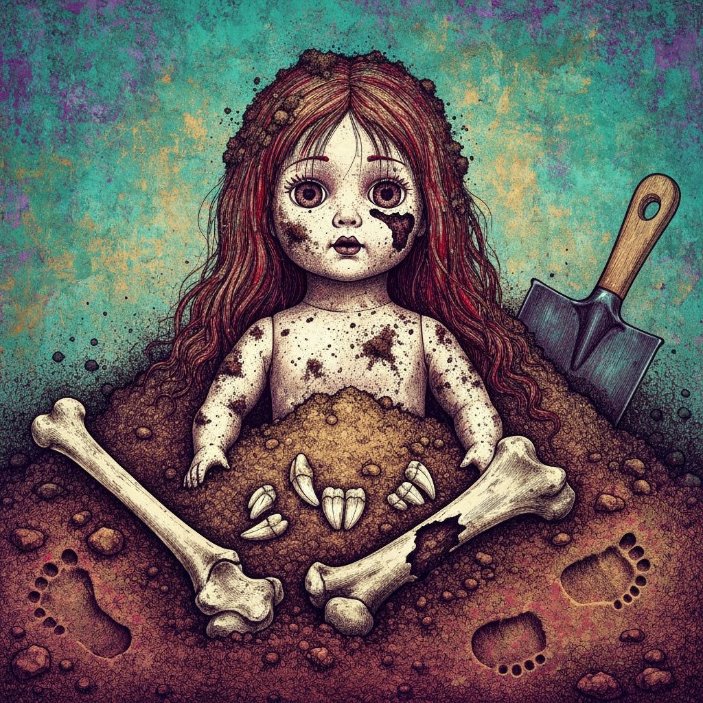 Ethereal Doll Head and Bone on Dirt Mound
