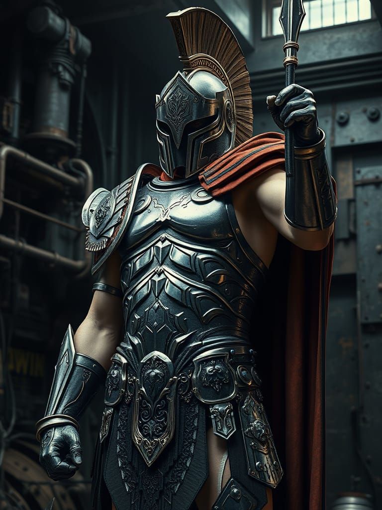 Heroic Cyberpunk Gladiator in Ornate Armor