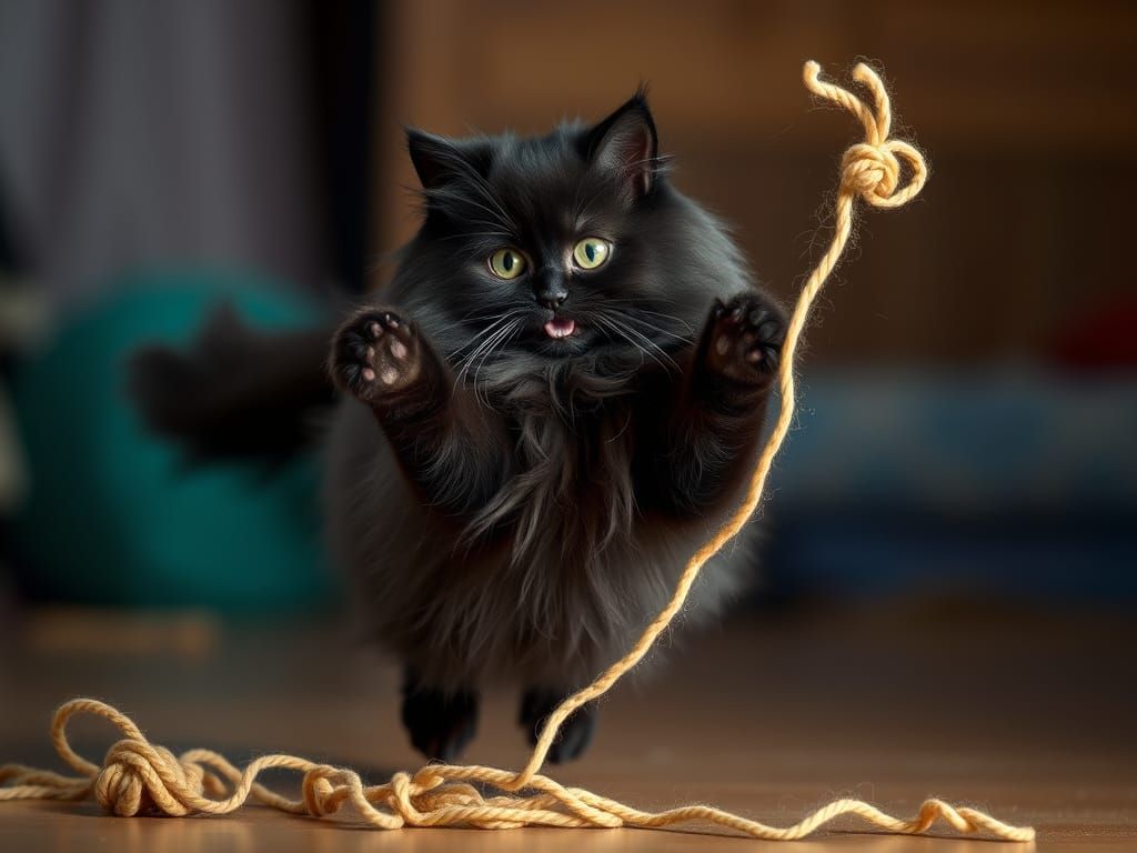 Fluffy Black Persian Cat Jumps with Yarn