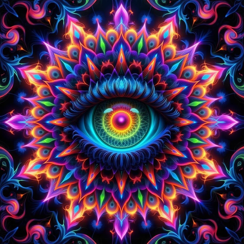 Kaleidoscopic Eye Mandala in Neon Rainbow Colors