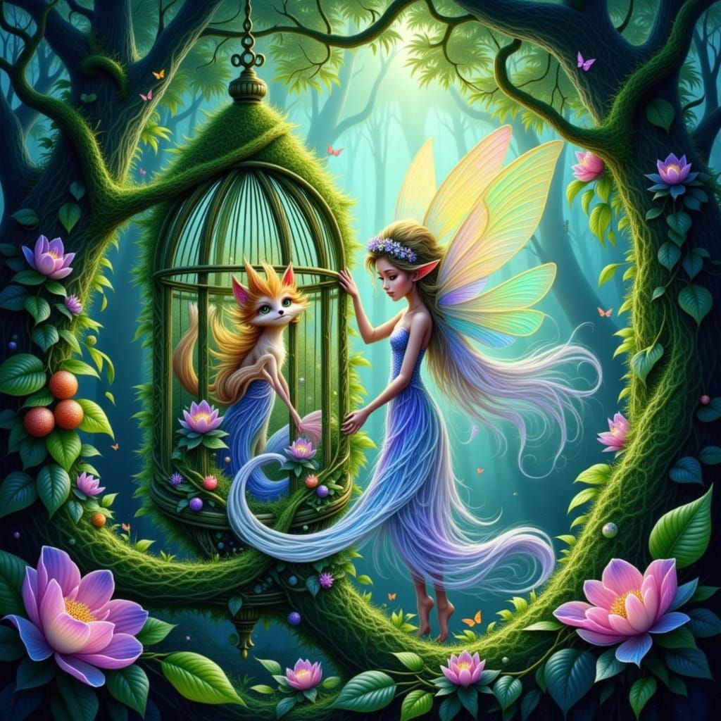Fairy Trapped in Enchanted Birdcage with Fae Critter