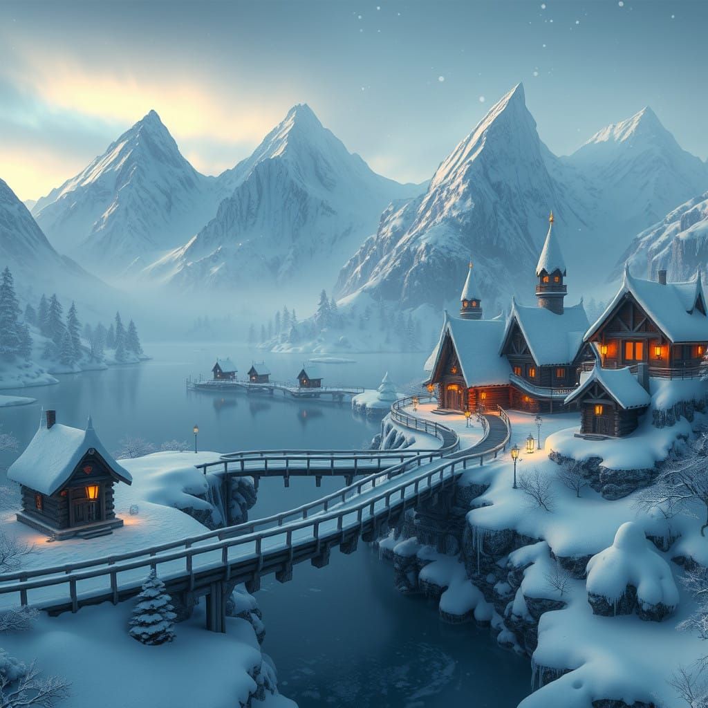 Serene Winter Village in Icy Mountain Landscape