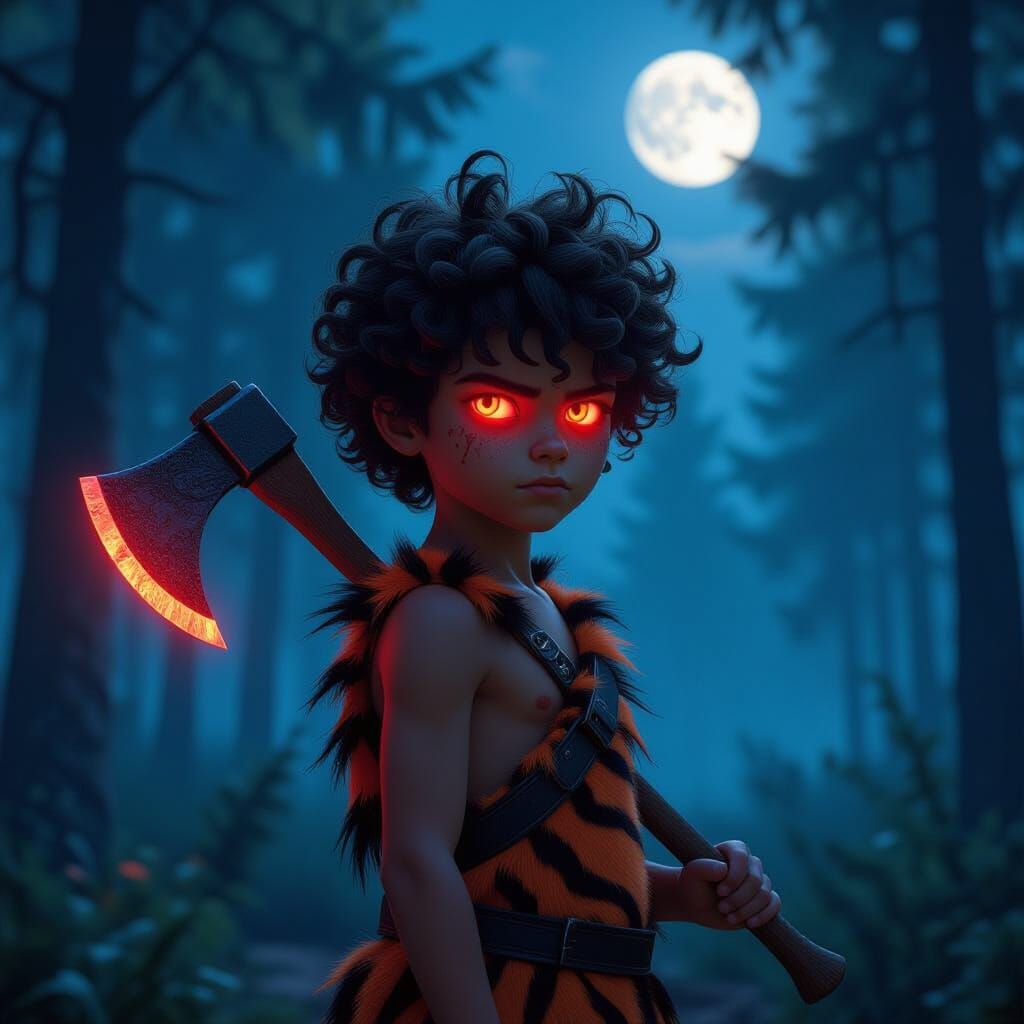 Boy with Axe in Glowing Forest, 3D Render