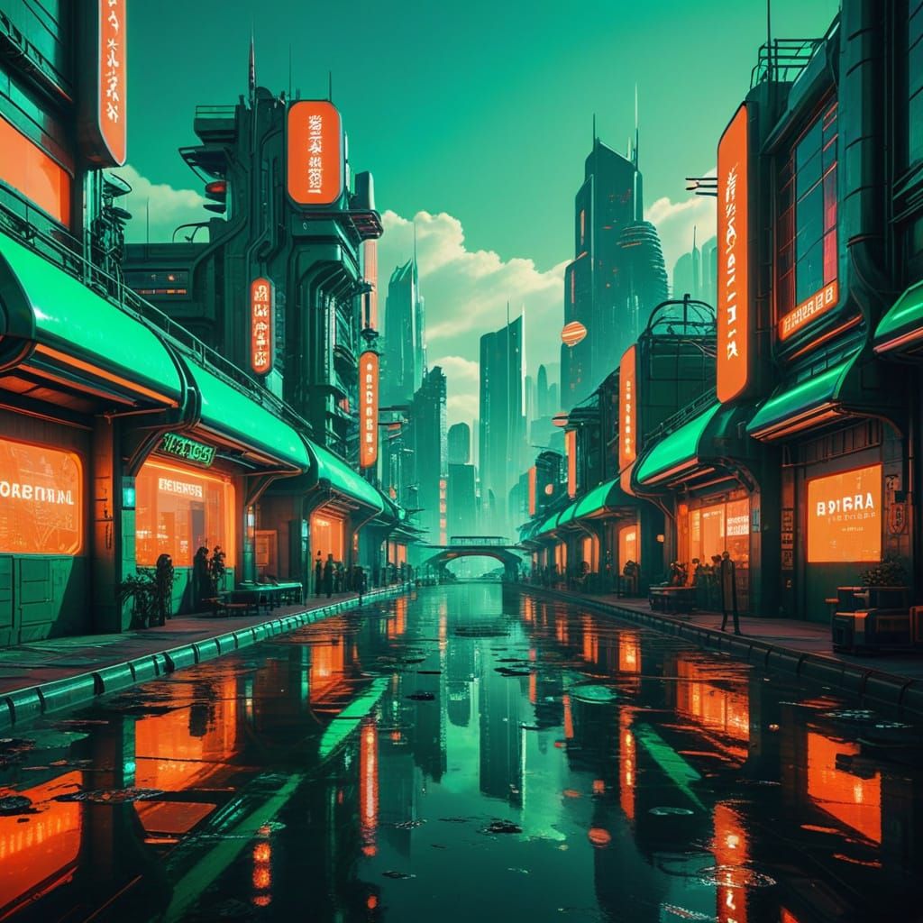 Cyberpunk Cityscape in Oriental Style with Neon Lights
