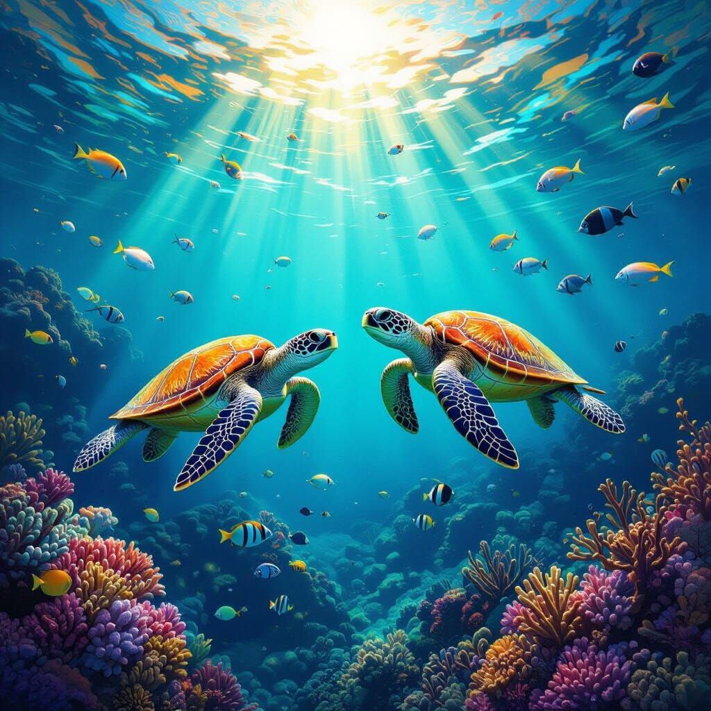 Majestic Sea Turtles in Luminous Underwater Digital Painting